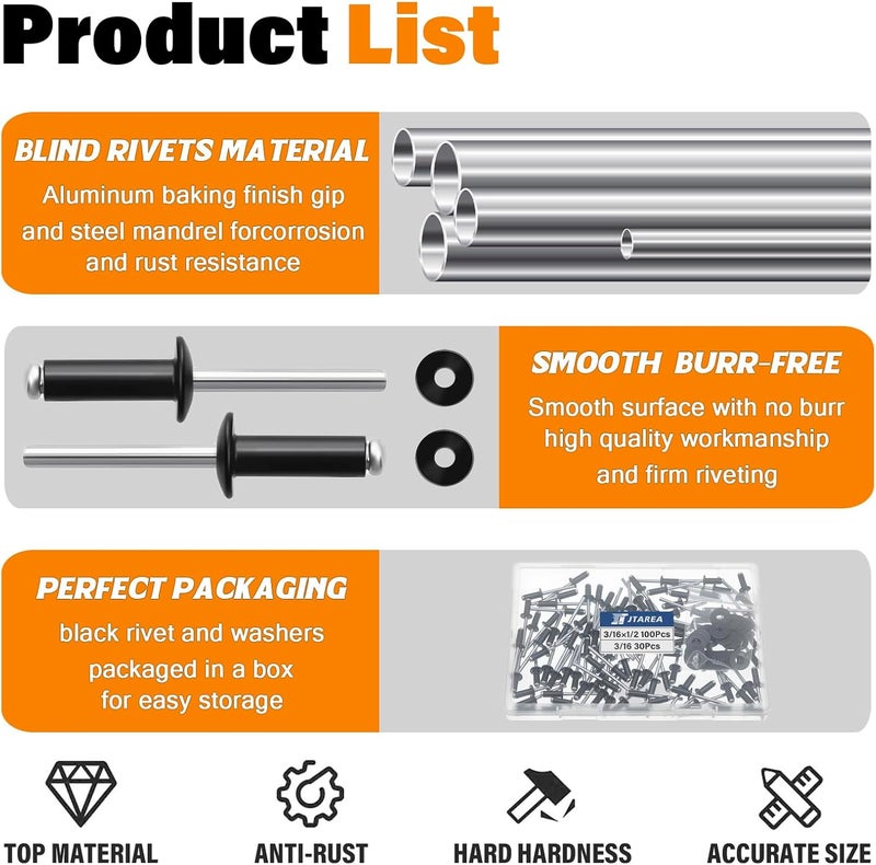 JTAREA 130pcs 3/16" x 1/2" Black Aluminum Pop Rivets with Stainless Steel Washers 4.8 x 12.7mm Blind Rivet Assortment Kit - Image 3